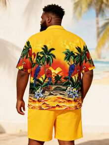 2pcs Plus Size Men's Tropical Parrot Sunset Print Short Sleeve Polo Shirt And Shorts Set, Suitable For Vacation, Outdoor, Streetwear, Daily Wear, Resort Style - Multicolor - View 2