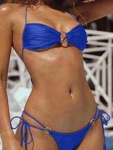 New Fashion Sexy Solid Bikini Set With Separated Halter Rope Bikini Set For Women Summer Beach Vacation - Blue - View 5