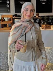 1pc Women's Bohemian Style Colorful Striped Print Hijab, Soft Scarf Shawl Street Fashion Accessory For Spring/Summer, Beach, Holiday - Green-pink - View 1