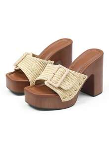 Women's Platform Chunky Heels Sandals Open Toe High Block Heeled Slipper Dress Casual Beach Vacation Slip On Slides Mules - 杏色 - 查看 6