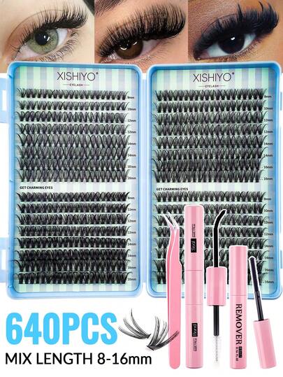 640 piezas Kit de extensión de pestañas, Kit de extensión de pestañas DIY, 30D+40D+50D (8-16mm) Kit de racimos de pestañas individuales, Set de extensión de pestañas Curl D, incluye pegamento, sellador y herramientas de extensión de pestañas, adecuado para uso diario, fiestas, viajes o como regalo para familiares y amigos, racimos de pestañas, pegamento para pestañas