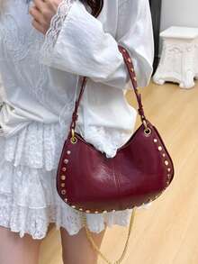 Punk Street Style Rivet Adjustable One Shoulder Crossbody Saddle Bag For Women - Burgundy - View 7