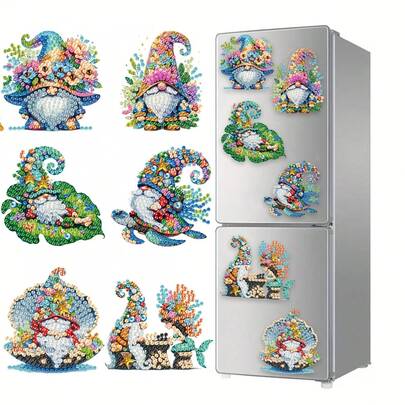 6件套钻石画冰箱贴，海洋与小矮人钻石画装饰，DIY钻石画磁铁套装，可用于手工制作、礼品、冰箱、邮箱装饰