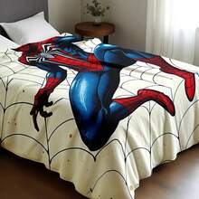 This Is A Marvel Spider-Man Themed Flannel Blanket, With Multiple Spider-Man Images And Web Elements Densely Arranged, Creating A Strong Visual Impact. The Main Color Scheme Is Red, Blue, And White, With Features Of Warmth And Softness. It Can Be Used As A Sofa Throw, Nap Blanket, Or Bedding Decoration. - Beige - View 6