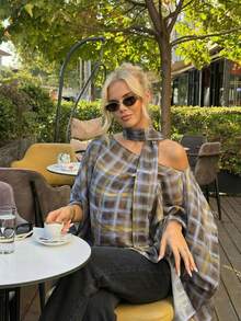 女士复古时尚系带圆领宽松撞色格纹蝴蝶袖雪纺衬衫，优雅复古超大款春季上衣 - 彩色 - 查看 2