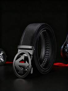 Men's Textured PU Belt With Arrow Round Automatic Buckle, Available In Gold, Silver And Black Plating. It Features An Adjustable Ratchet Design, Classic Business-Casual Style, And Is An Ideal Gift For Father's Day And Anniversaries. - Multicolor - View 1