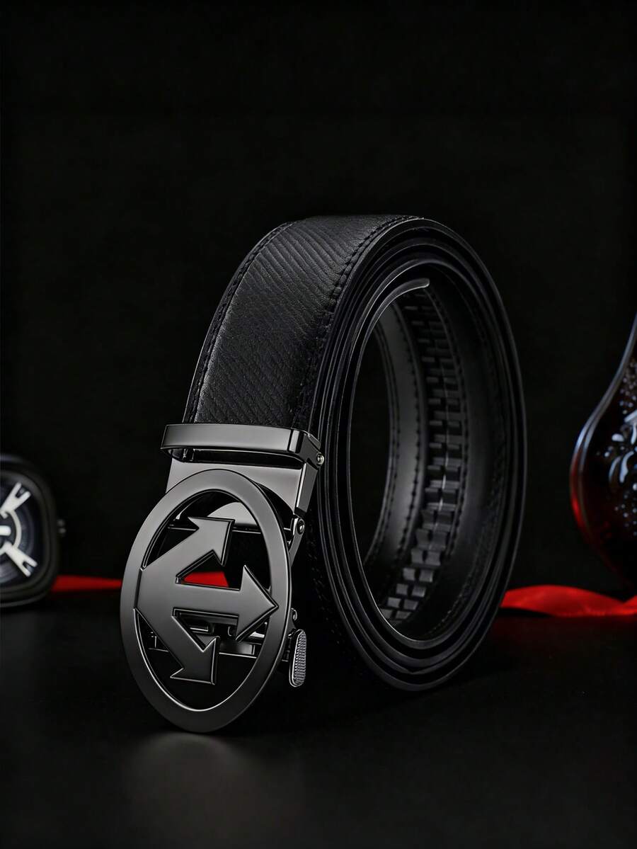 Men's Textured PU Belt With Arrow Round Automatic Buckle, Available In Gold, Silver And Black Plating. It Features An Adjustable Ratchet Design, Classic Business-Casual Style, And Is An Ideal Gift For Father's Day And Anniversaries. - Multicolor - View 1