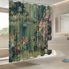 2D Flat Printing ,1 Piece Of Retro Shower Curtain - A Fashionable Bathroom Decoration Shower Curtain With Oil Painting Printing Pattern, Designed With Pink Roses, Green Leaves, And Water Waves - Soft Pink Color Scheme Depicting Impressionist Style Garden And Lake Scenery In Green And Pink - Made Of Machinable Facial Cleanser - Versatile For All Seasons - A - 查看 4