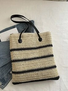 Bolsa de praia para férias, bolsa de palha trançada, bolsa de palha trançada de grande capacidade, bolsa de ombro em cores contrastantes - Multicolorido - Ver 5