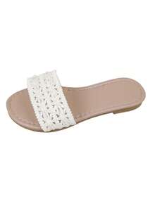 1 Pair Girls' White Hollow Crochet Flip Flops. 2026 Summer New 3D Crochet Woven Soft Breathable Durable Non-Slip Slip-On Flat Sandals, Suitable For Summer Daily, Vacation, Travel And Other Occasions - Beige - View 8