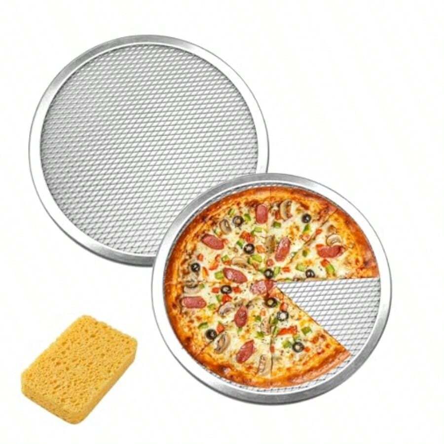 12in Aluminum Pizza Screen Non Stick Pan Round Pizza Mesh Baking Trays 2 Pack Mesh Screen With Hole Seamless Rim For Baking Home Kitchen Restaurantdjj - Silver - View 1