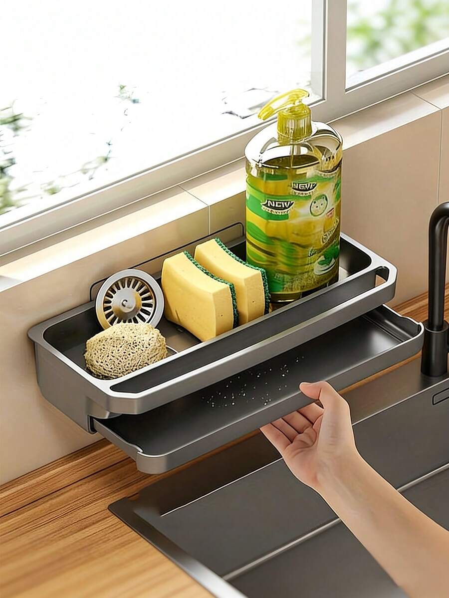 Wall-Mounted Kitchen Storage Rack With Sponge Holder And Dish Rack - Durable PP Plastic Space-Saving Sink Storage Rack, Multi-Functional Plastic Storage Rack Set For Sponge, Soap, Towel, Installed Above Faucet, Modern Design Kitchen Sink Accessories, Bathroom Accessories, Kitchen Accessories, Kitchen Storage - Multicolor - View 1