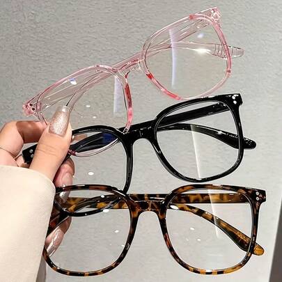 1 Cặp kính vuông không gọng đính đinh tán, 3 màu sắc, kiểu dáng tối giản cơ bản, gọng nhựa nhẹ, thoải mái, không gây áp lực lên sống mũi, đa năng cho đi làm, học tập, văn phòng, du lịch, phong cách tự nhiên, giá cả phải chăng, bền bỉ, kính mắt thời trang, phụ kiện quà tặng thiết thực.