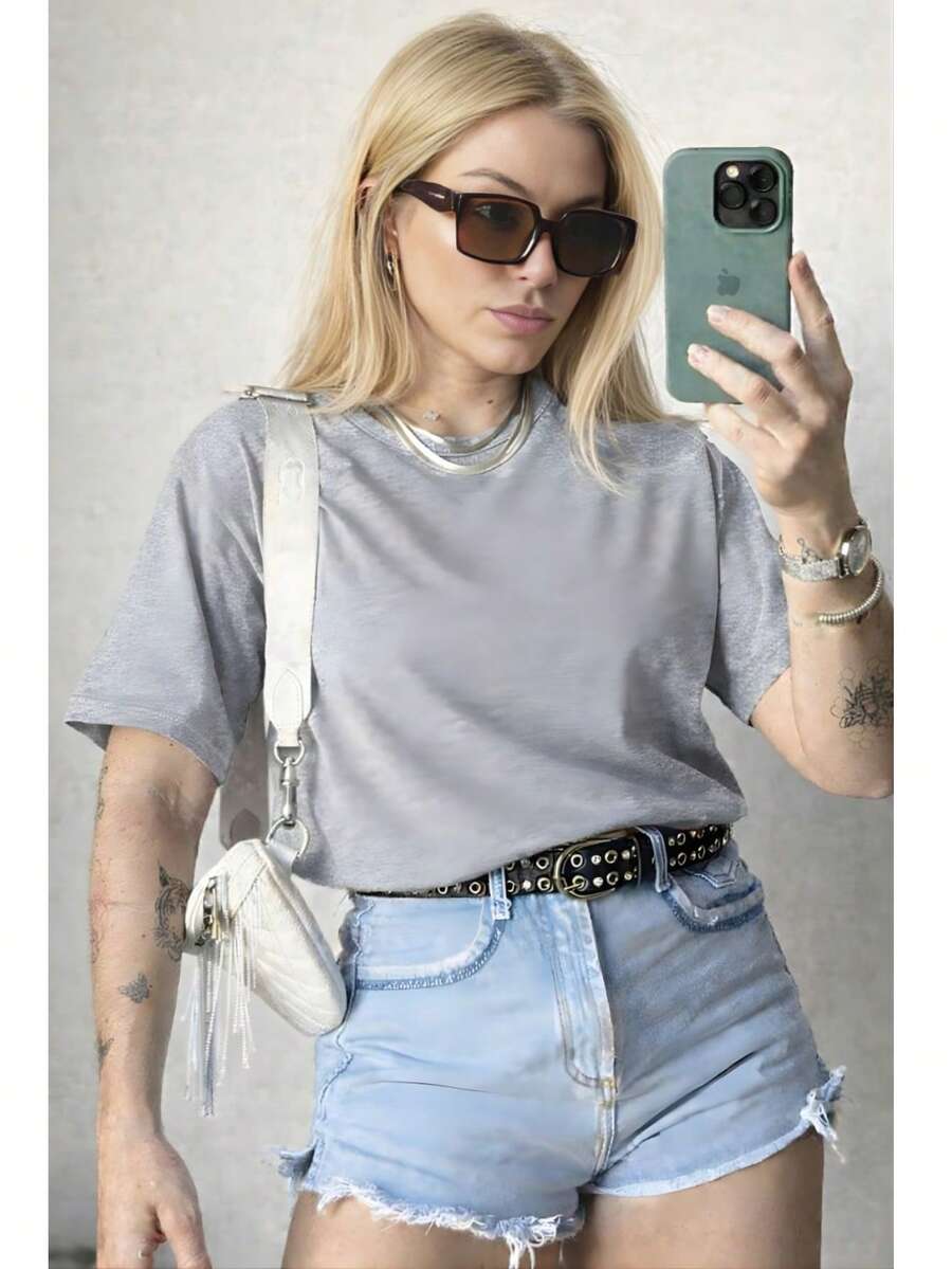 Women's T-Shirt, Short Sleeve, Premium Knit, Casual, Plain, Relaxed, 100% Cotton - 灰色 - 查看 1