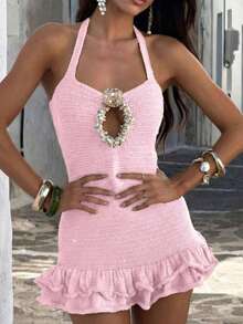 浅粉色镂空编织交叉吊带连衣裙，时尚优雅闪亮木质装饰迷你裙，休闲沙滩度假风夏季女装，嘉年华服装 - 淺粉色 - 查看 5