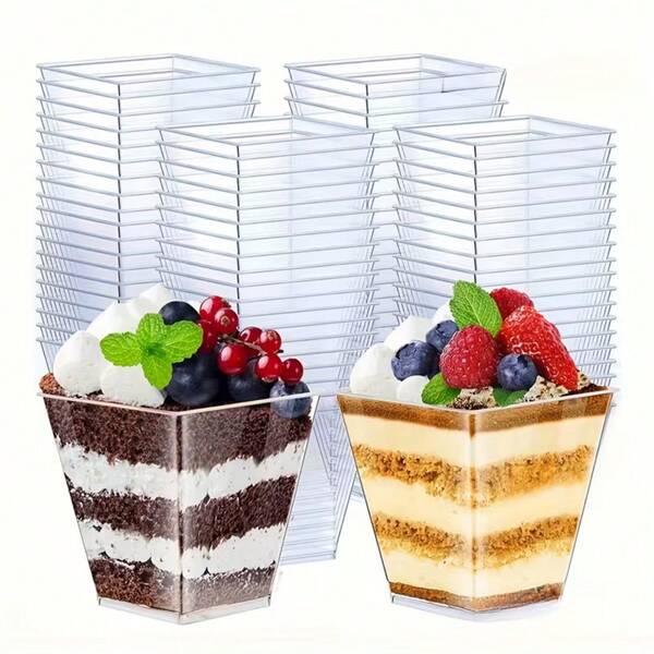 Tazas cuadradas para mousse, ideales para postres, pudines de frutas, gelatinas y helados. Opción perfecta para cumpleaños, bodas, fiestas y eventos. Estos modernos recipientes ligeros son excelentes para catering y servir en eventos.