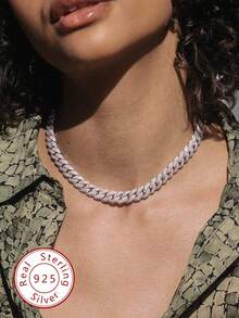 1pc 8mm Top-Grade Hip-Hop Diamond Claw Inlaid Rhombus Necklace, S925 Sterling Silver Platinum Plated Pave Necklace, Sparkling Brilliance, Luxury High-End, Exquisite Jewelry, Gift For Women - Full Diamond Cuban Necklace - View 1