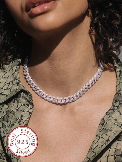 1pc 8mm Top-Grade Hip-Hop Diamond Claw Inlaid Rhombus Necklace, S925 Sterling Silver Platinum Plated Pave Necklace, Sparkling Brilliance, Luxury High-End, Exquisite Jewelry, Gift For Women