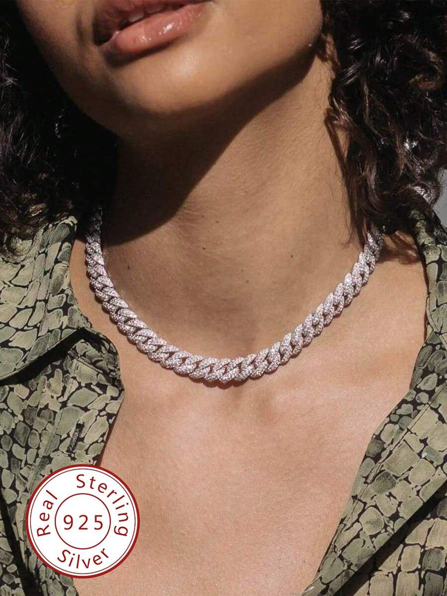 1pc 8mm Top-Grade Hip-Hop Diamond Claw Inlaid Rhombus Necklace, S925 Sterling Silver Platinum Plated Pave Necklace, Sparkling Brilliance, Luxury High-End, Exquisite Jewelry, Gift For Women - Full Diamond Cuban Necklace - View 1