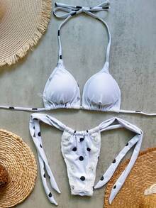 Women Polka Dot Lace Trim Bikini Set With Drawstring Spaghetti Straps Sexy Casual Swimsuit High Stretch - Multicolor - View 3