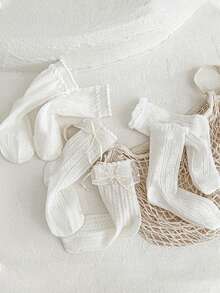 3双春夏女童透气网眼洛丽塔公主袜，纯白色蕾丝蝴蝶结袜 - 彩色 - 查看 6