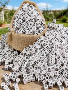 100/1000 件/包白色背景黑色字母珠，6 毫米亚克力方形英文字母珠，DIY 珠宝制作用品，装饰配件 | 溢出珠子 | 用于珠宝制作的耐用珠子材料 - 白色 - 查看 24