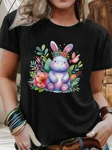 Camiseta De Manga Corta Para Mujer Con Estampado De Huevos De Pascua Y Pollitos - Blusa Casual De Cuello Redondo Para Primavera Verano Para Atuendo Casual, Top De Manga Corta Lavable A Máquina - En Stock - [Negro] - Ver 3