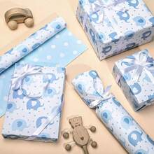 5/10张婴儿派对包装纸，28.5*42厘米蓝色大象图案礼品包装纸，适用于婴儿派对、新生儿、男孩一周岁生日、庆祝活动 - 彩色 - 查看 5