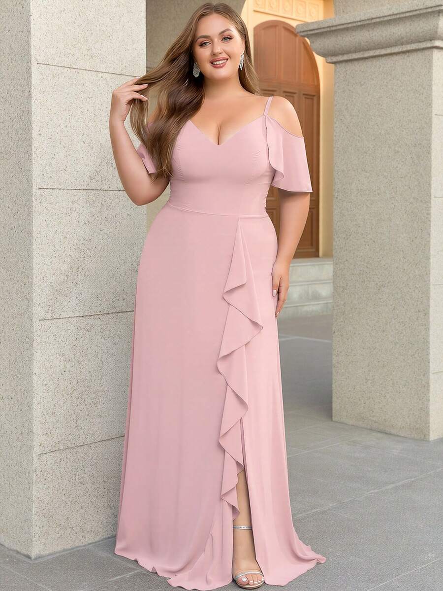 Women Plus Size Solid Color Elegant Mature Chiffon Bridesmaid Dress, Evening Party Dress For Wedding Guest, Maid Of Honor, Spring/Summer/Autumn Pink - Pink - View 1