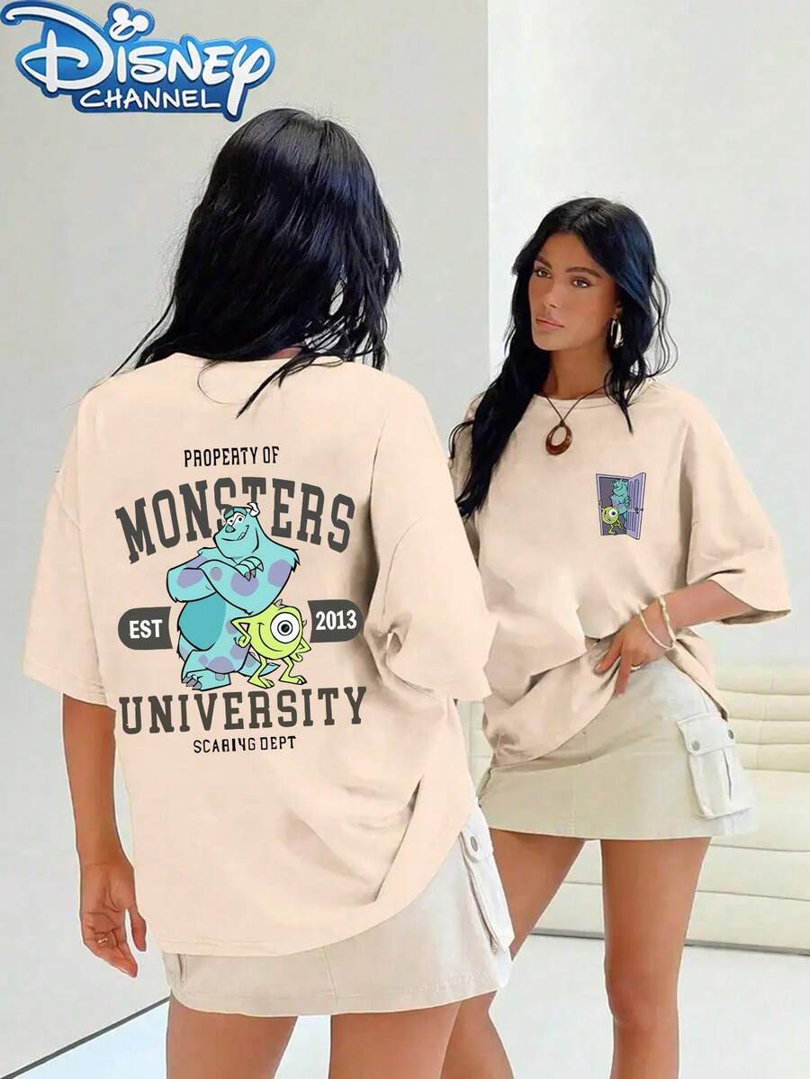 Disney's "Monsters University" Cartoon Printed Ladies' T-Shirt-Breathable Light Round Neck Casual T-Shirt, Regular Version Of Summer Street Clothing, With Disney Character Printing, Disney Short Sleeves, Summer Women's Clothing. - 杏色 - 查看 1