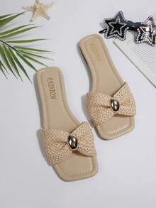 卡其色编织方头褶皱平底拖鞋，一体式金属扣，女士沙滩一脚蹬鞋，时尚夏季新款优雅休闲百搭女士平底拖鞋 - 卡其色 - 查看 15