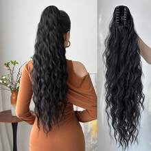 爪形马尾假发片，酒红色、黑色、棕色和粉色，26英寸水波纹耐热纤维合成马尾假发，适合女性圣诞节、万圣节派对和日常佩戴。 - Black-brown - 查看 13