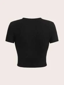 Solid Color Cropped T-Shirt, Y2K Spring/Summer Short-Sleeved Cropped Top, Women's. - Black - View 2