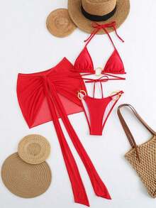 3pcs Set Women Velentines Hibiscus Red Swimwear Summer Days From Poolside To Beachside, Basic Elegant Bikini Floral Decor Coverups Sarong Beachwear - 紅色 - 查看 2