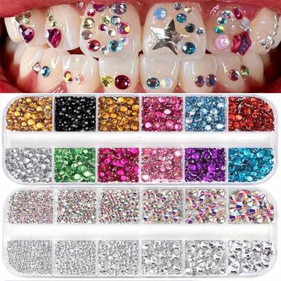 24件套时尚星星心形水钻牙齿饰品套装，Y2K可爱超闪亮牙齿配饰，个性化仿钻牙齿装饰，适合日常、派对、节日佩戴，男女通用（不含胶水，带包装盒）