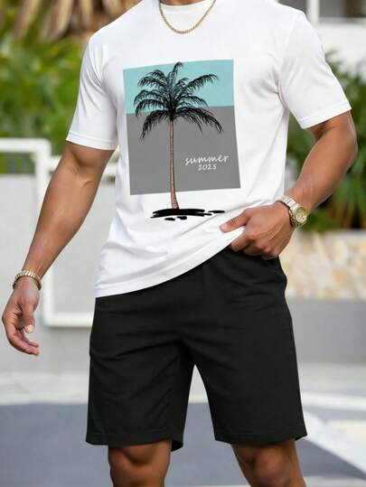 Hombre002y007 Conjunto de camiseta de manga corta y pantalones cortos Casual Versátil  Cómodo y Elegante Camisa masculina con estampa de palmera y año 2025, perfecta para estaciones cálidas y look casual atractivo