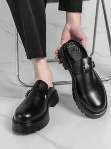 Men's Round Toe Derby Slip-On Loafers, Minimalist British Retro Style Thick Sole Leather Mules Shoes, Summer - Black - View 8