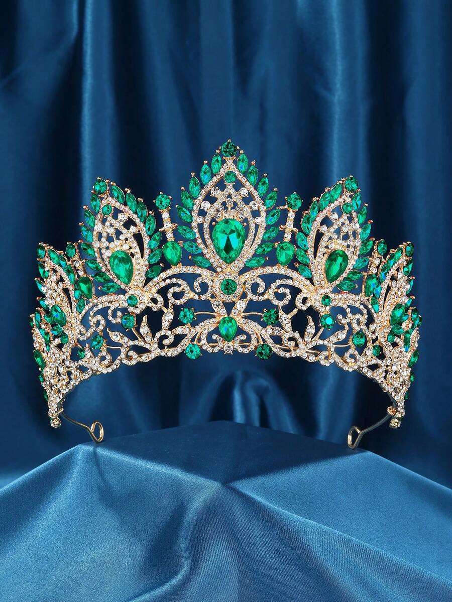 1 buah Mahkota Pengantin Mewah Elegan Berwarna Emas dengan Hiasan Berlian Imitasi dan Kristal dari Paduan Logam, Cocok untuk Pernikahan, Ulang Tahun, Pesta, dan Pemotretan - Hijau - View 1