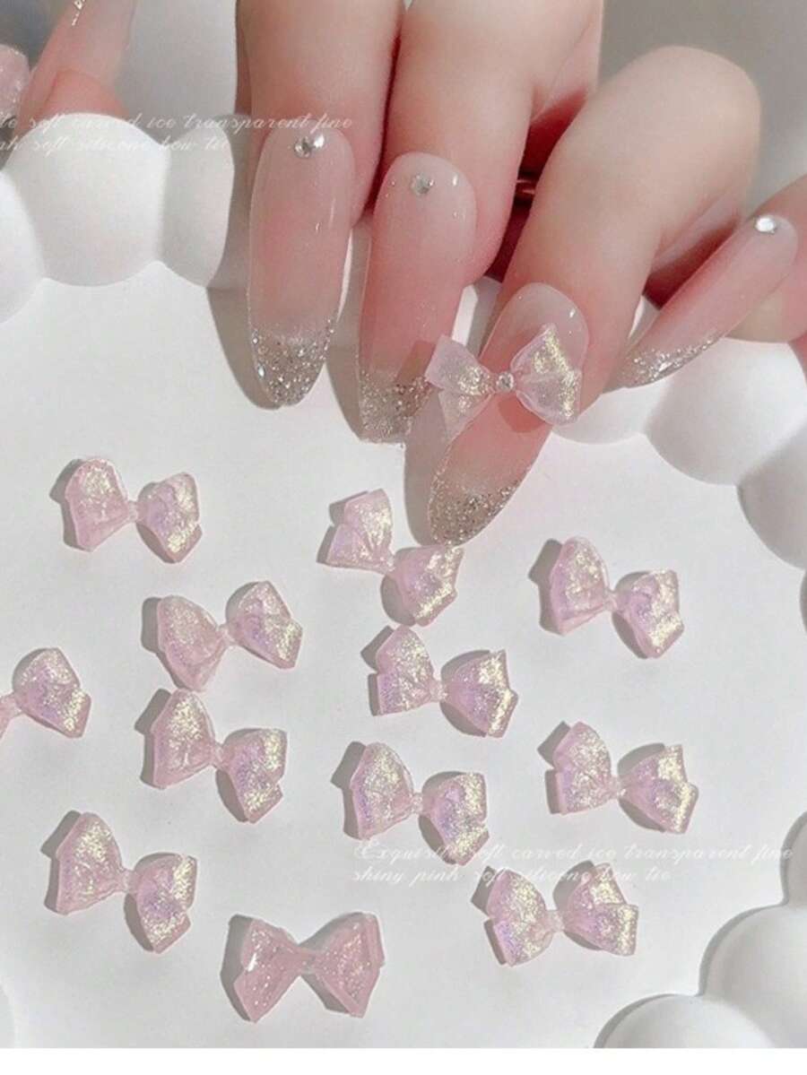 20入/包 軟雕花亮片蝴蝶結美甲裝飾,3D透明粉色蝴蝶結 DIY 美甲飾品配件美甲飾件 - 粉色 - 查看 1