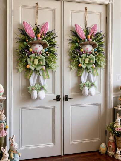 1pc Vintage Easter Bunny Wreath Hanging Decorative,Garden Pendant Easter Cartoon Theme Simulated Plant Door Ornament, Door Welcome Decoration, Garden Decoration,Spring Holiday Ornament For Various Room And Outdoor Decor(Easter Egg Is Random Colour )