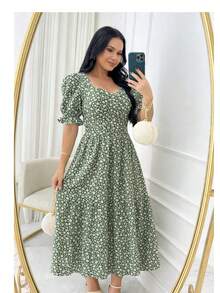 Women's Elegant Puff Sleeves Casual Party Midi Dress - 查看 1