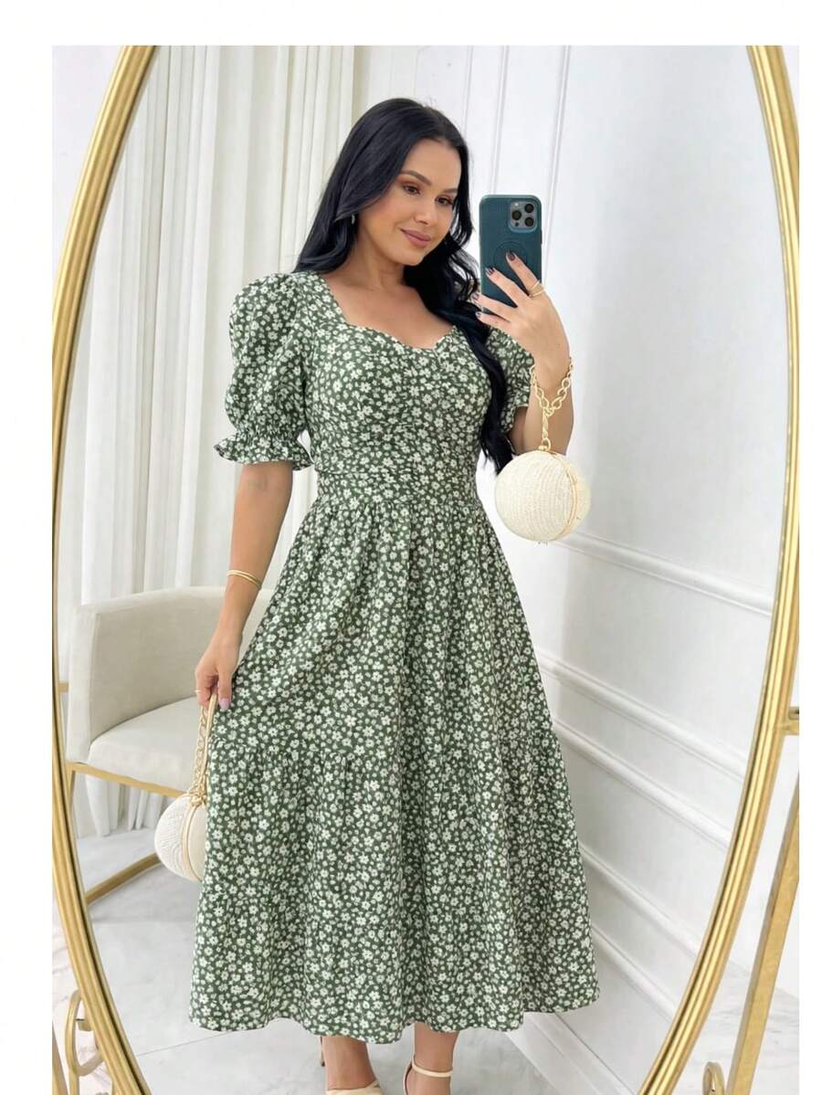 Women's Elegant Puff Sleeves Casual Party Midi Dress - 查看 1