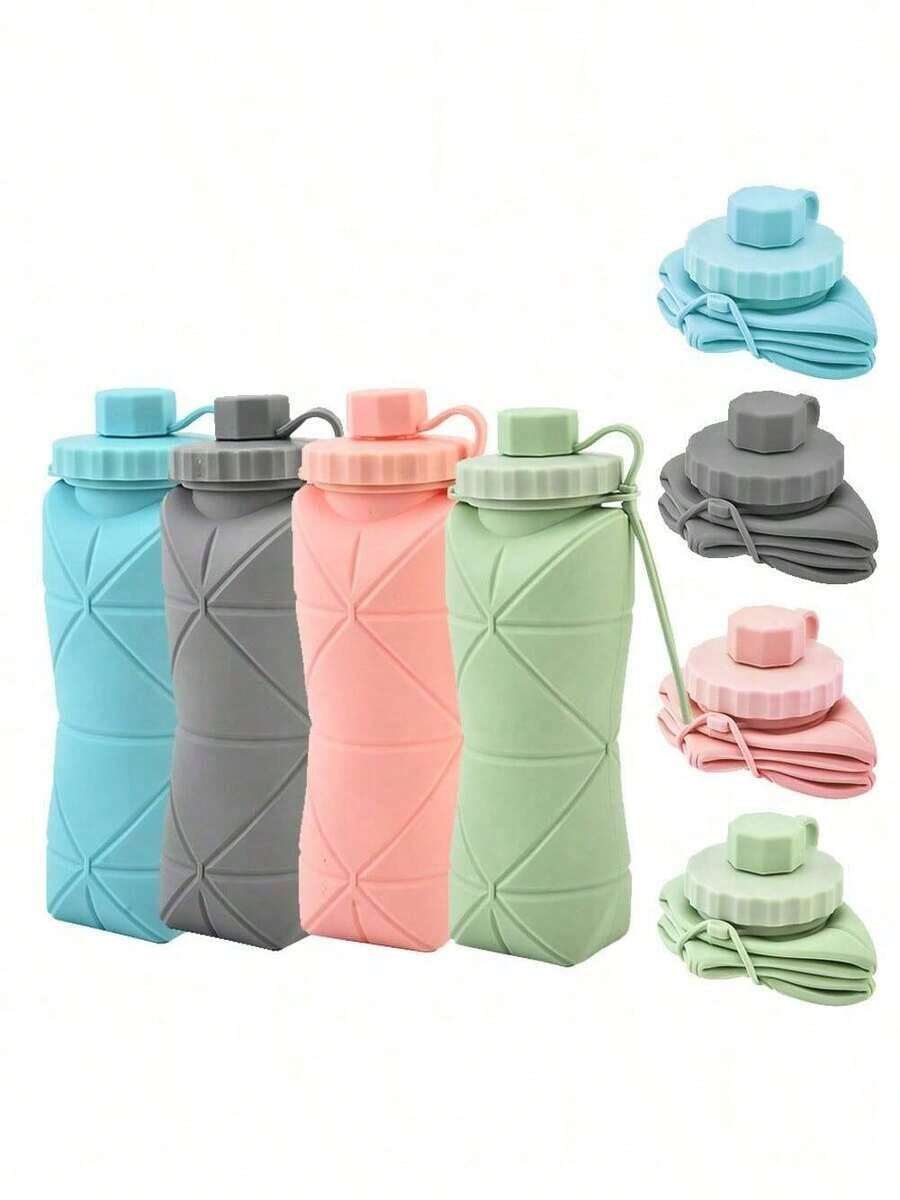 1pc 600ml Silicone Folding Bottle Adult Portable Reusable Plastic Cups Outdoor Travel Gym Water Bottle Motivational Drinking Bottle FIVP - Pink - View 1