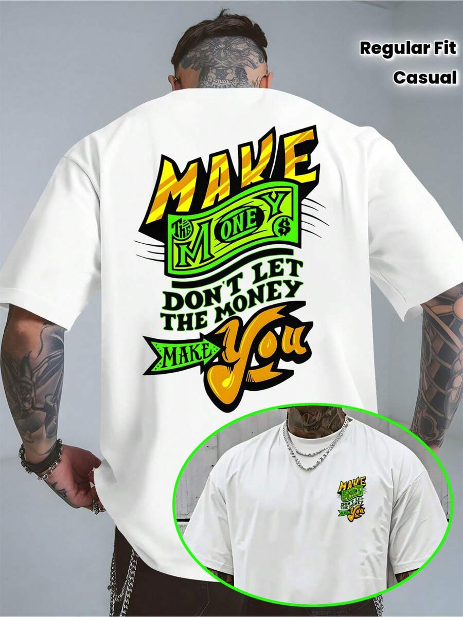 Camiseta Gráfica de Verano para Hombre - Estampado en la Espalda con el Lema "Make The Money" | Letras amarillas, tela ligeramente elástica, camiseta casual de corte regular para uso diario y de verano. - Blanco - Ver 1