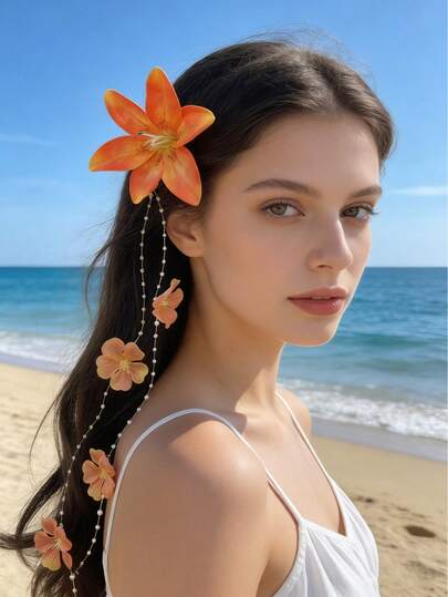 1pc Women's Hawaiian Flower Hair Clip, Artificial Tassel Flower Hair Accessory, Suitable For Beach Vacation, Hawaiian Wedding Bride Hairstyle