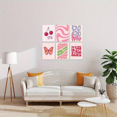 6幅粉色学院风墙画，包含樱桃、蝴蝶和文字图案，可爱帆布画，可悬挂，家居美学装饰，客厅、卧室、公寓装饰，无框