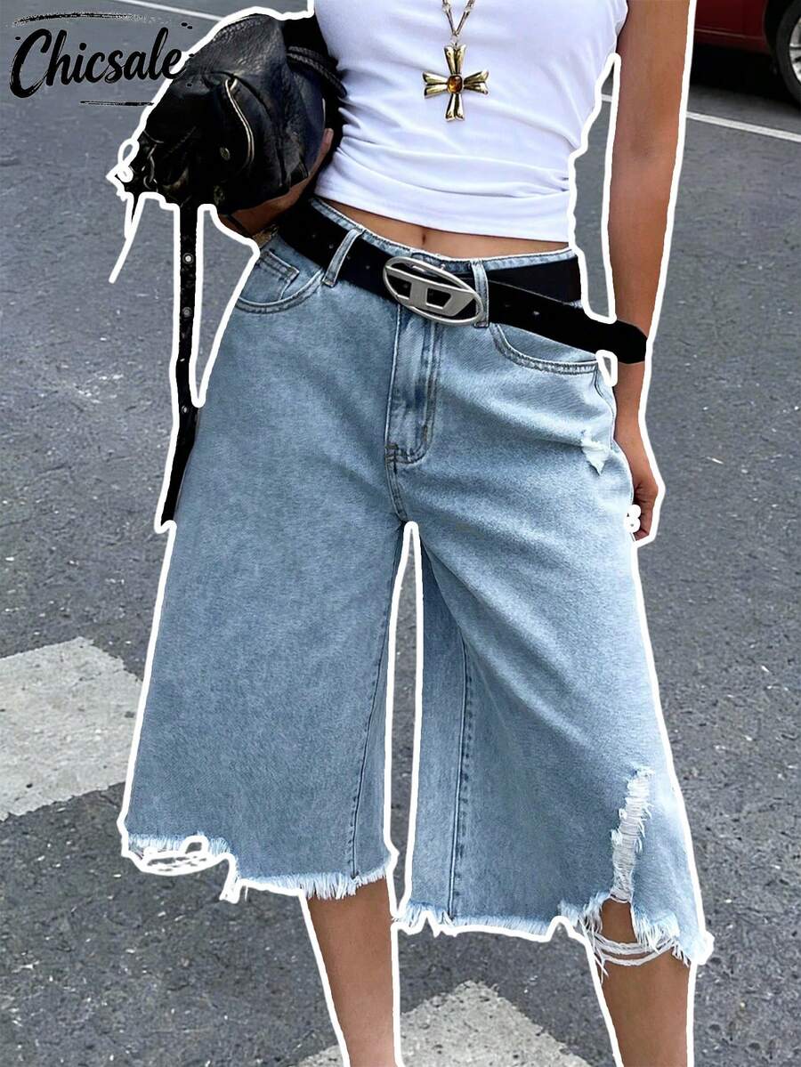 Women's Distressed Asymmetrical Hem Capri Denim Jeans Casual Summer - Light Wash - View 1