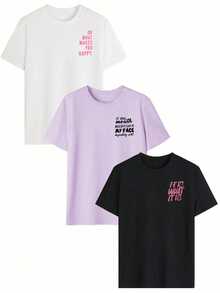 3件套女士新款休闲可爱图案宽松圆领短袖T恤，时尚日常及假日穿着。女士新款夏季套装，印花三件套圆领T恤。适合情人节、返校季、教师节及其他节日。字母印花柔软宽松舒适的街头风休闲短袖上衣。 - 彩色 - 查看 8