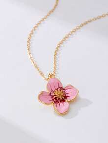 1pc Vintage French Elegant Handmade Enamel Gradient Pink 4-Petal Flower Pendant Necklace For Women - Pink - View 3