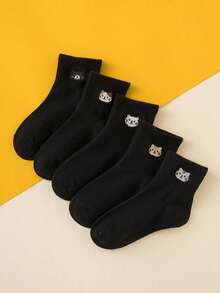 5pairs Fun And Personalized Cartoon Black & White All-Match Embroidered Cat Pattern Fashionable Mid-Calf Kids Socks, Everyday Wear - Black and White - View 10